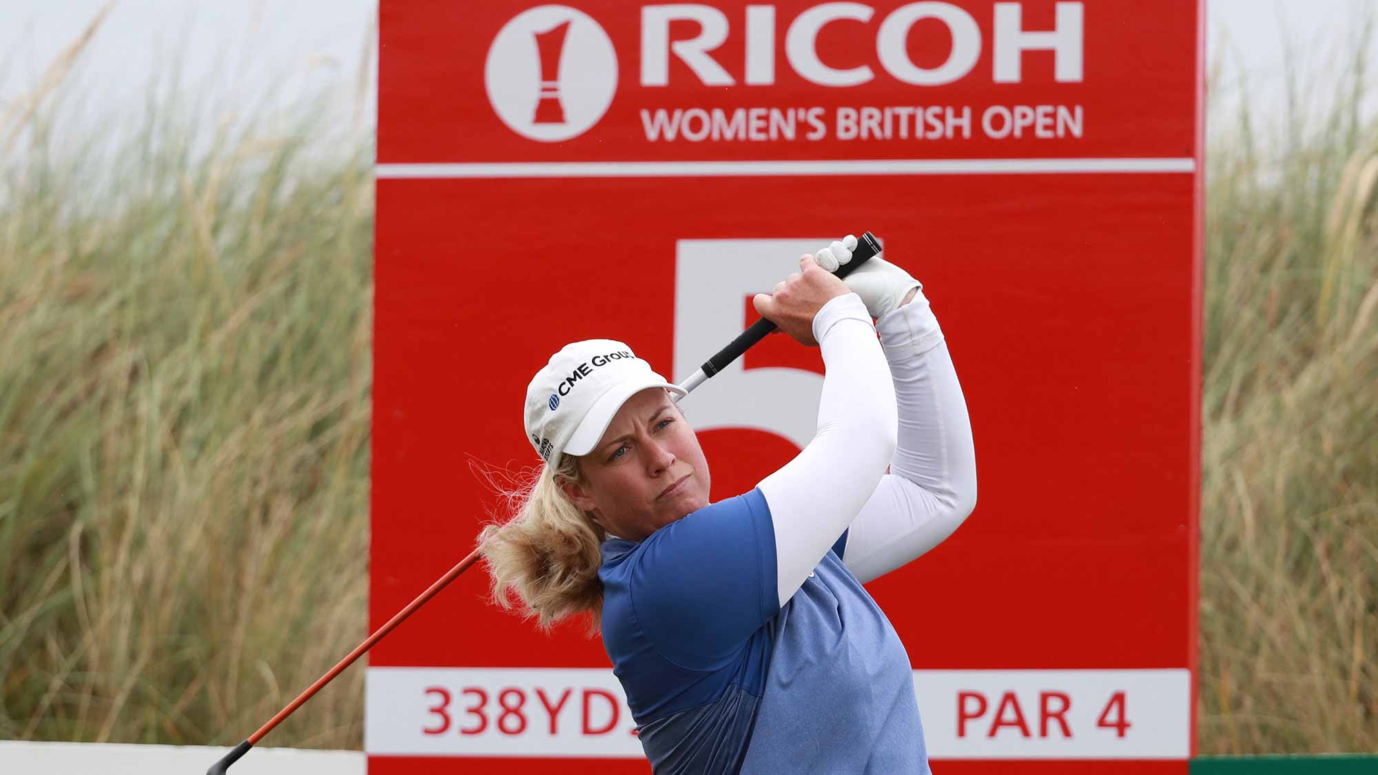 Brittany Lincicome of the United States tees off on the 5th hole during a pro-am round prior to the Ricoh Women's British Open at Kingsbarns Golf Links 