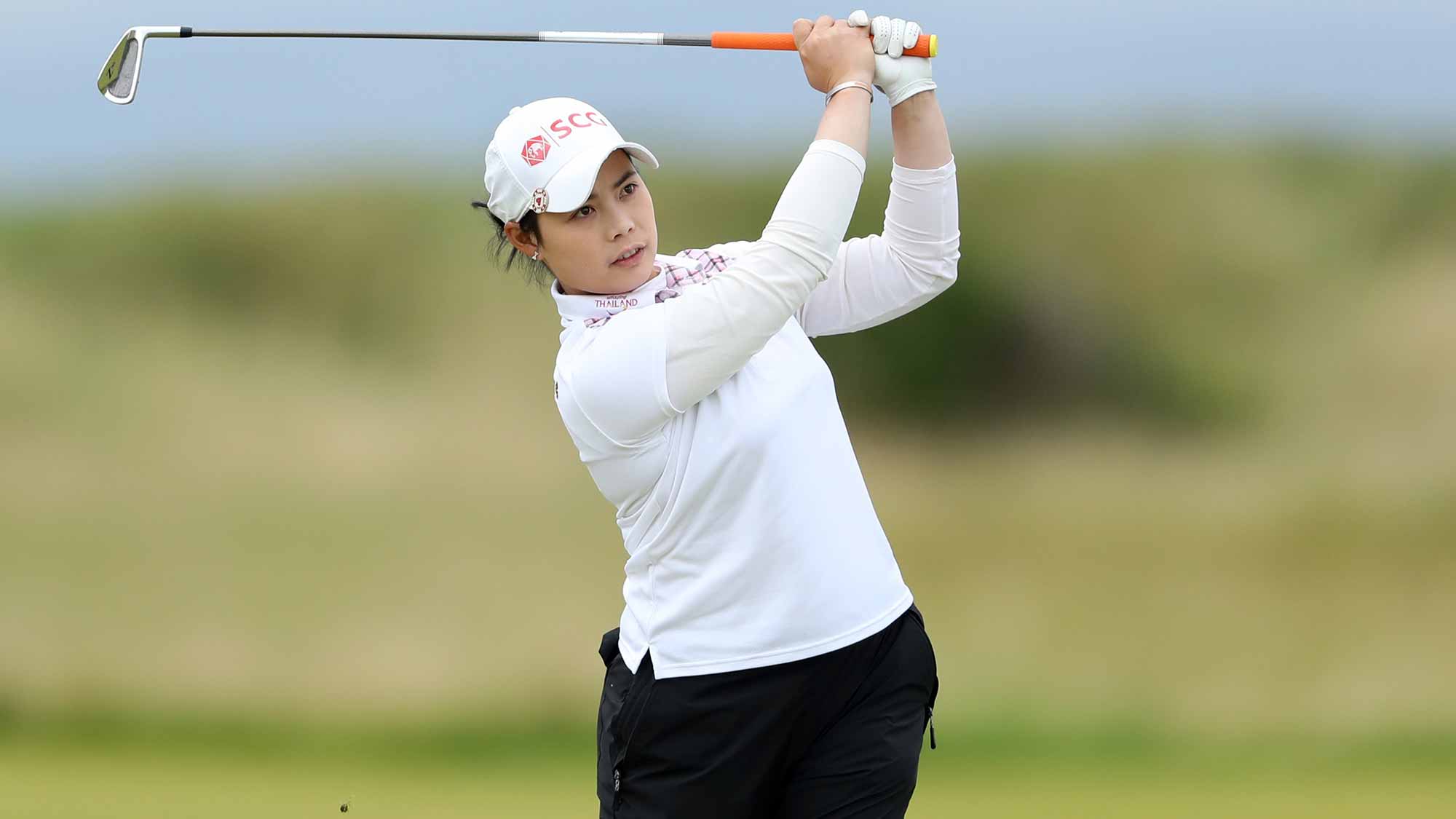 Moriya Jutanugarn of Thailand hits her second shot on the 3rd hole during the final round of the Ricoh Women's British Open at Kingsbarns Golf Links