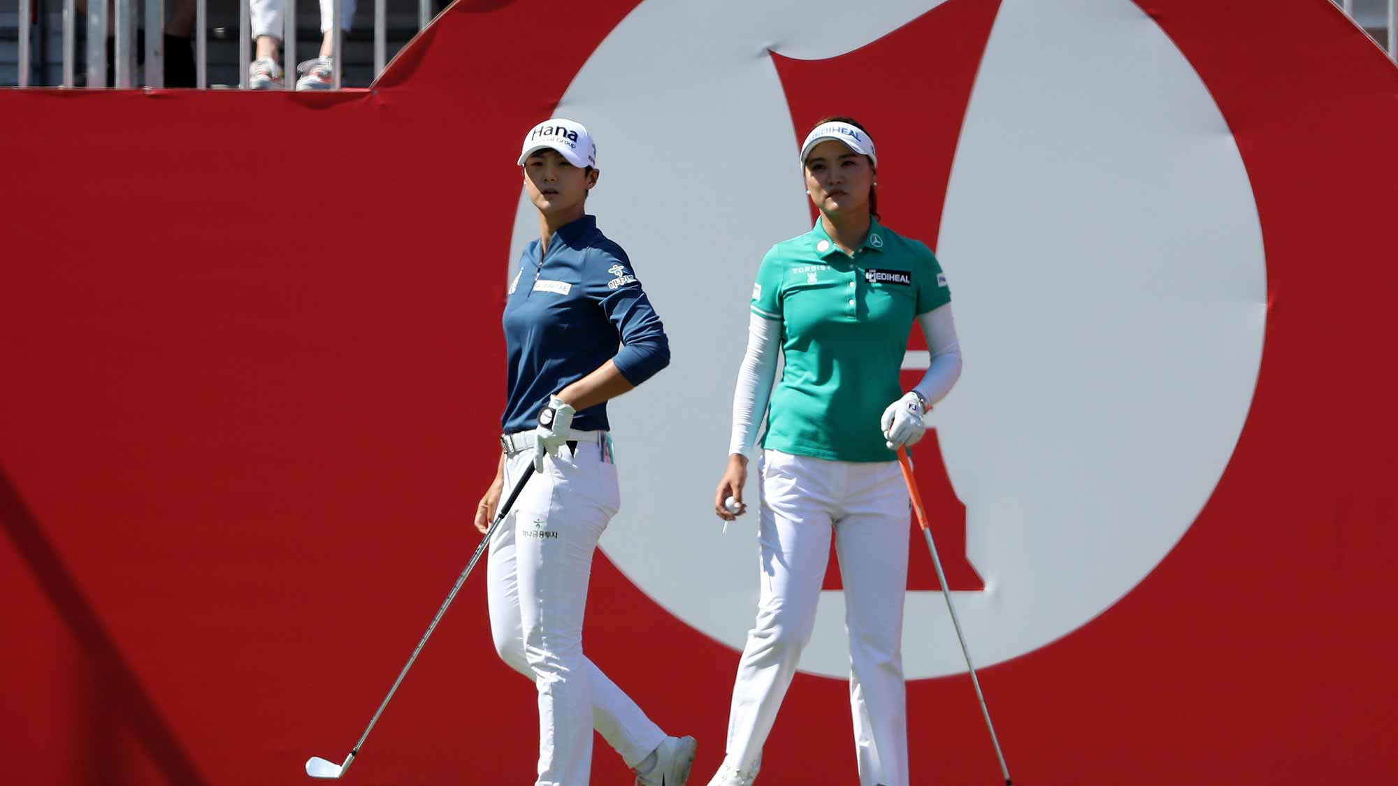 So Yeon Ryu of South Korea prepares to play her tee shot behind Sung Hyun Park on the first hole during the final round of the Ricoh Women's British Open at Royal Lytham and St Annes Golf Club on August 5, 2018 in Lytham St Annes, England