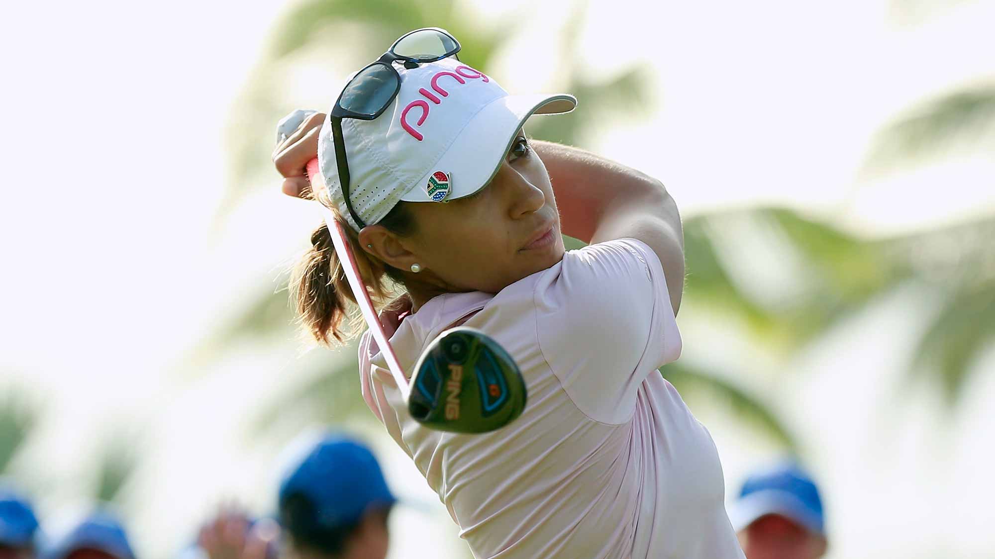 Paula Reto of Republic of South Africa tee off at Blue Bay LPGA during Round 1