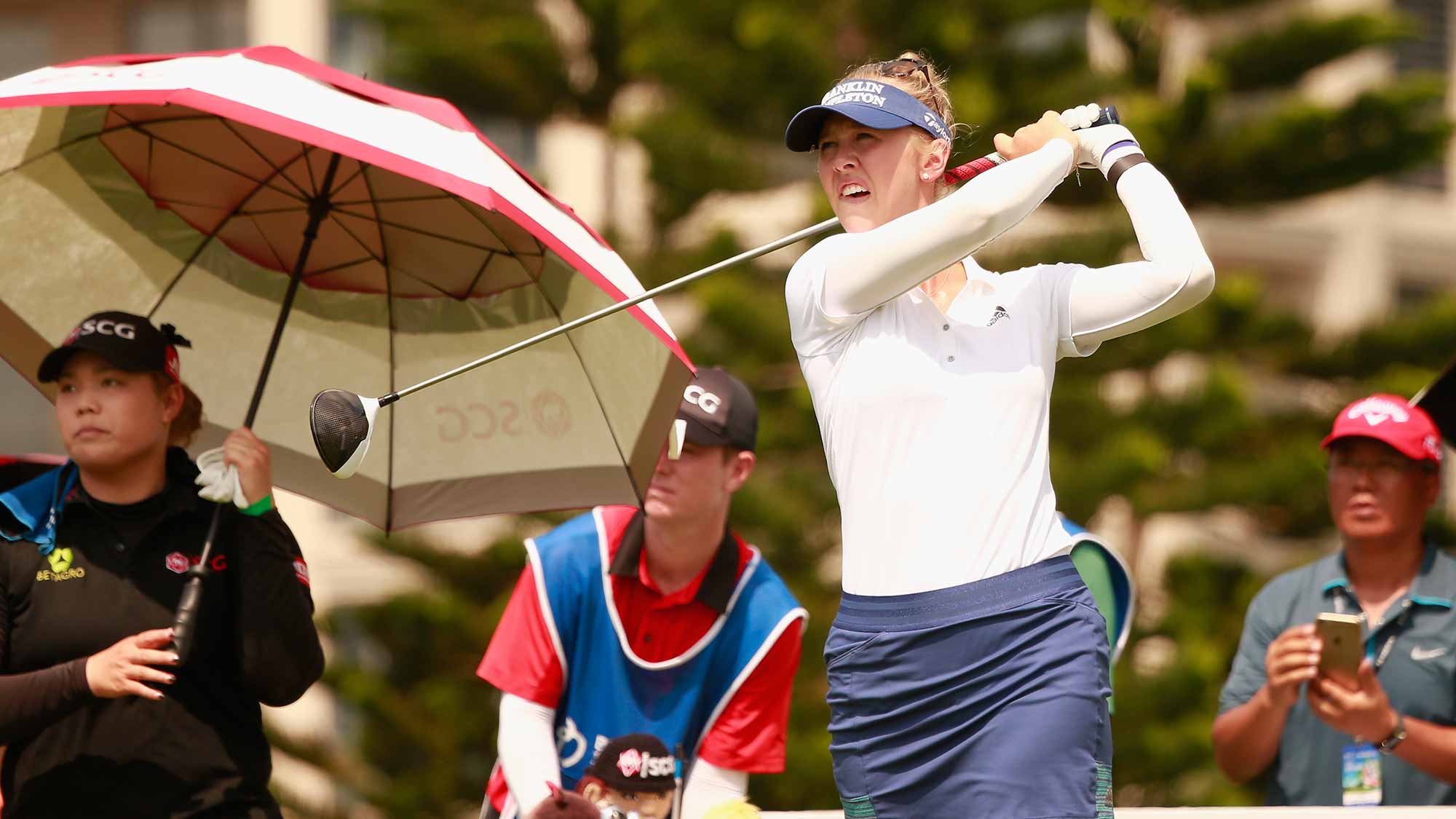Jessica Korda of United States tee off during the final round of Blue Bay LPGA on Day 4