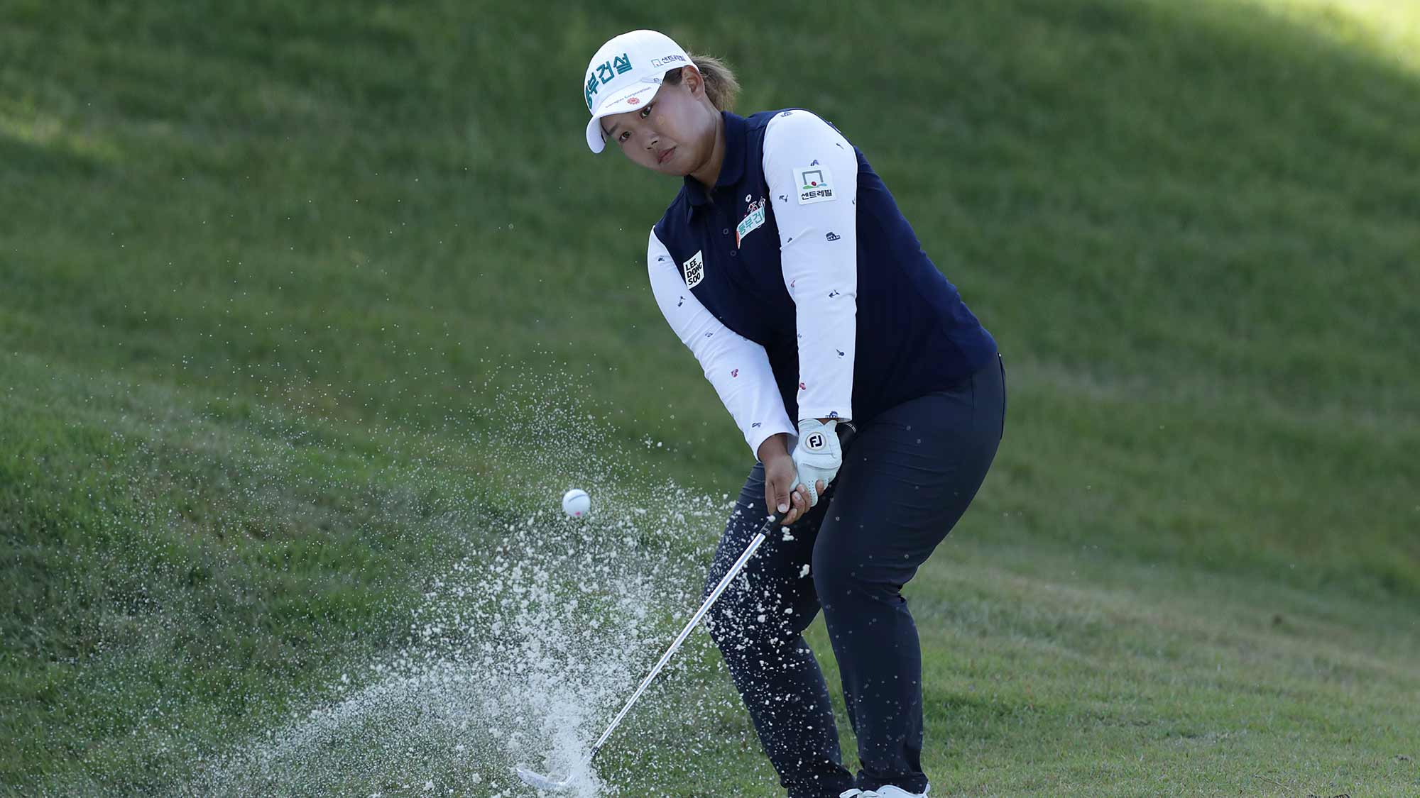 Hee Won Na of the Republic of Korea plays a bunker shot on the fifteen hole during Round 2 of 2019 BMW Ladies Championship at LPGA International Busan on October 25, 2019 in Busan, Republic of Korea
