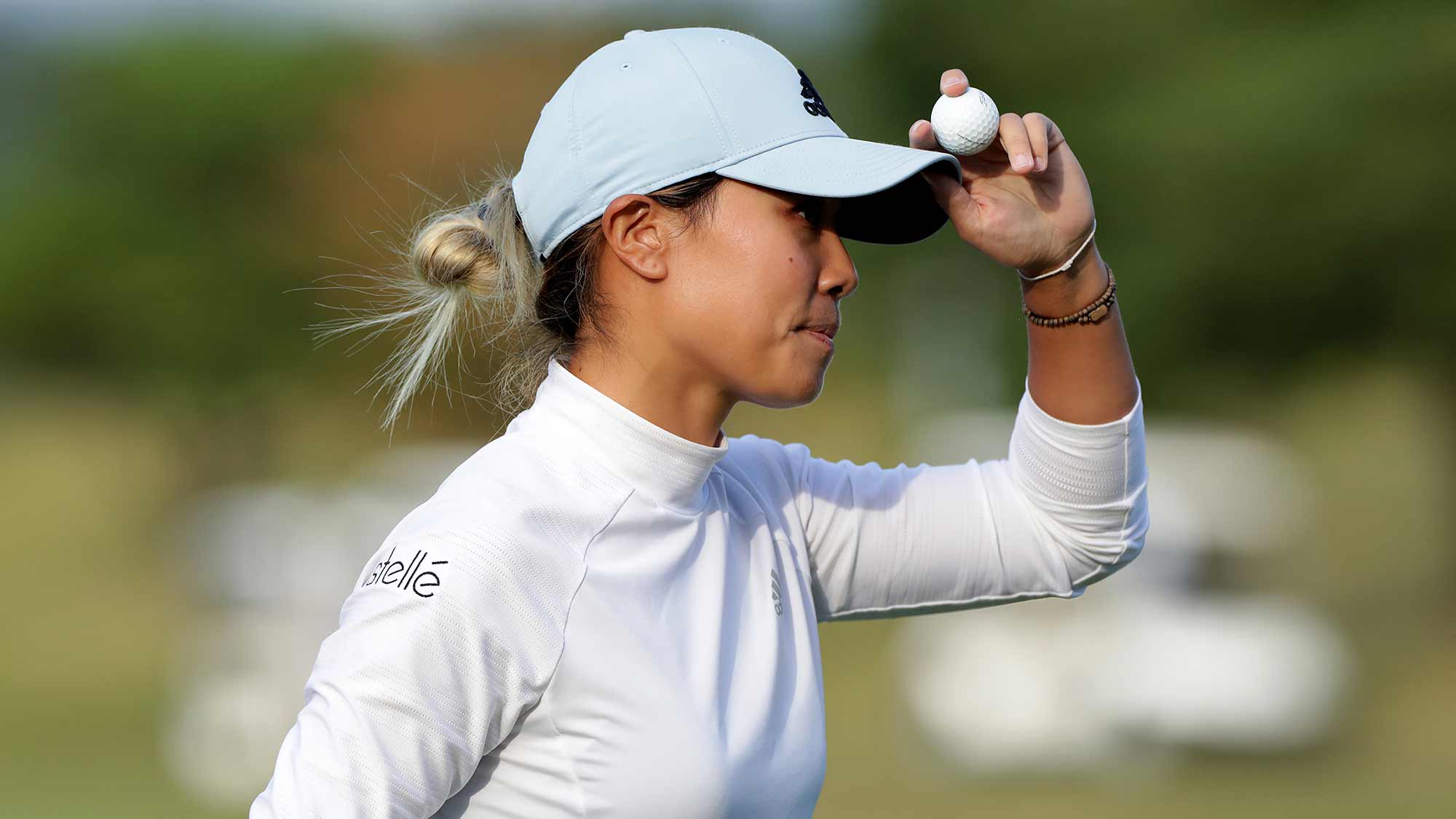 Danielle Kang of USA acknowledges the gallery on the eighteenth hole during Round 3 of 2019 BMW Ladies Championship at LPGA International Busan on October 26, 2019 in Busan, Republic of Korea