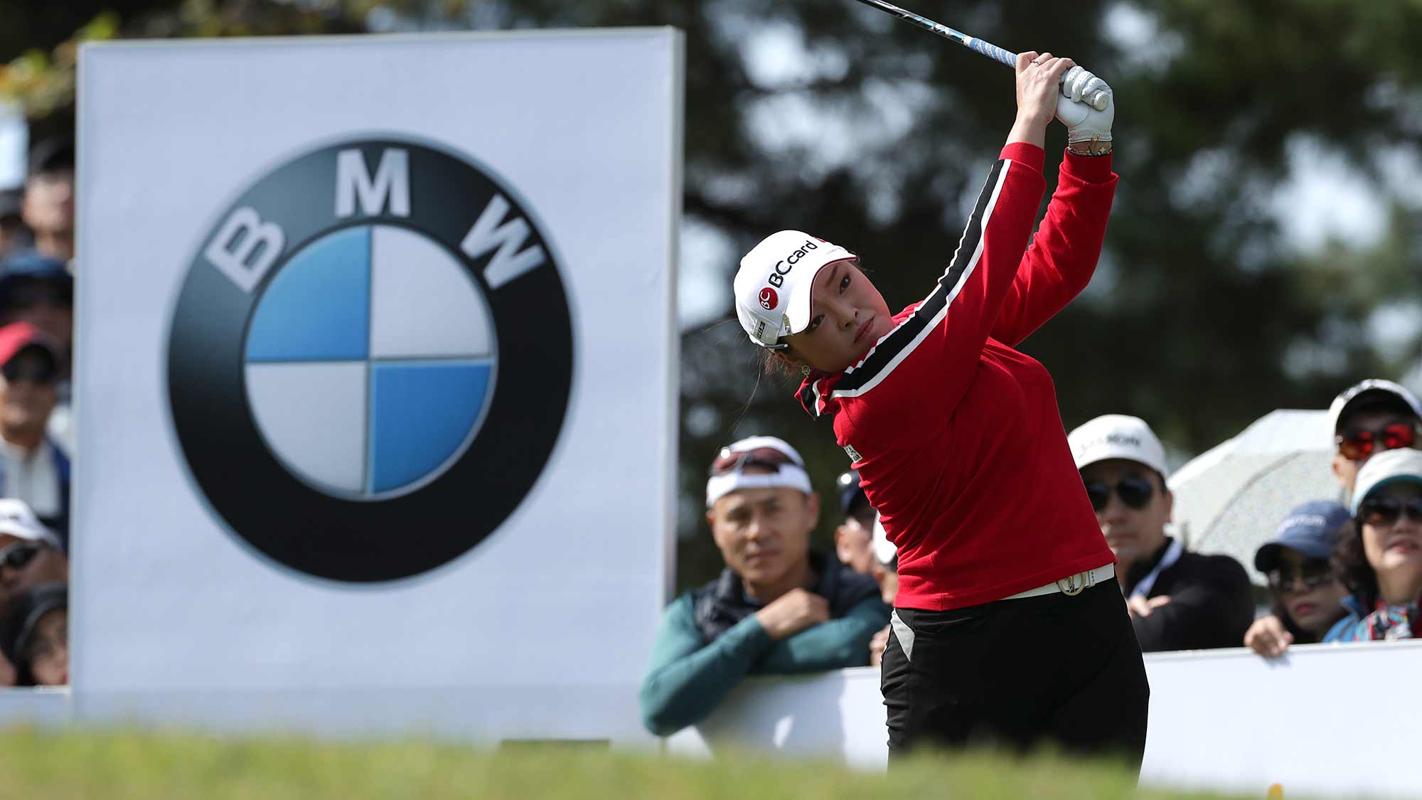 Ha Na Jang of Republic of Korea drives from a tee on the fifth hole during the final Round of 2019 BMW Ladies Championship at LPGA International Busan on October 27, 2019 in Busan, Republic of Korea