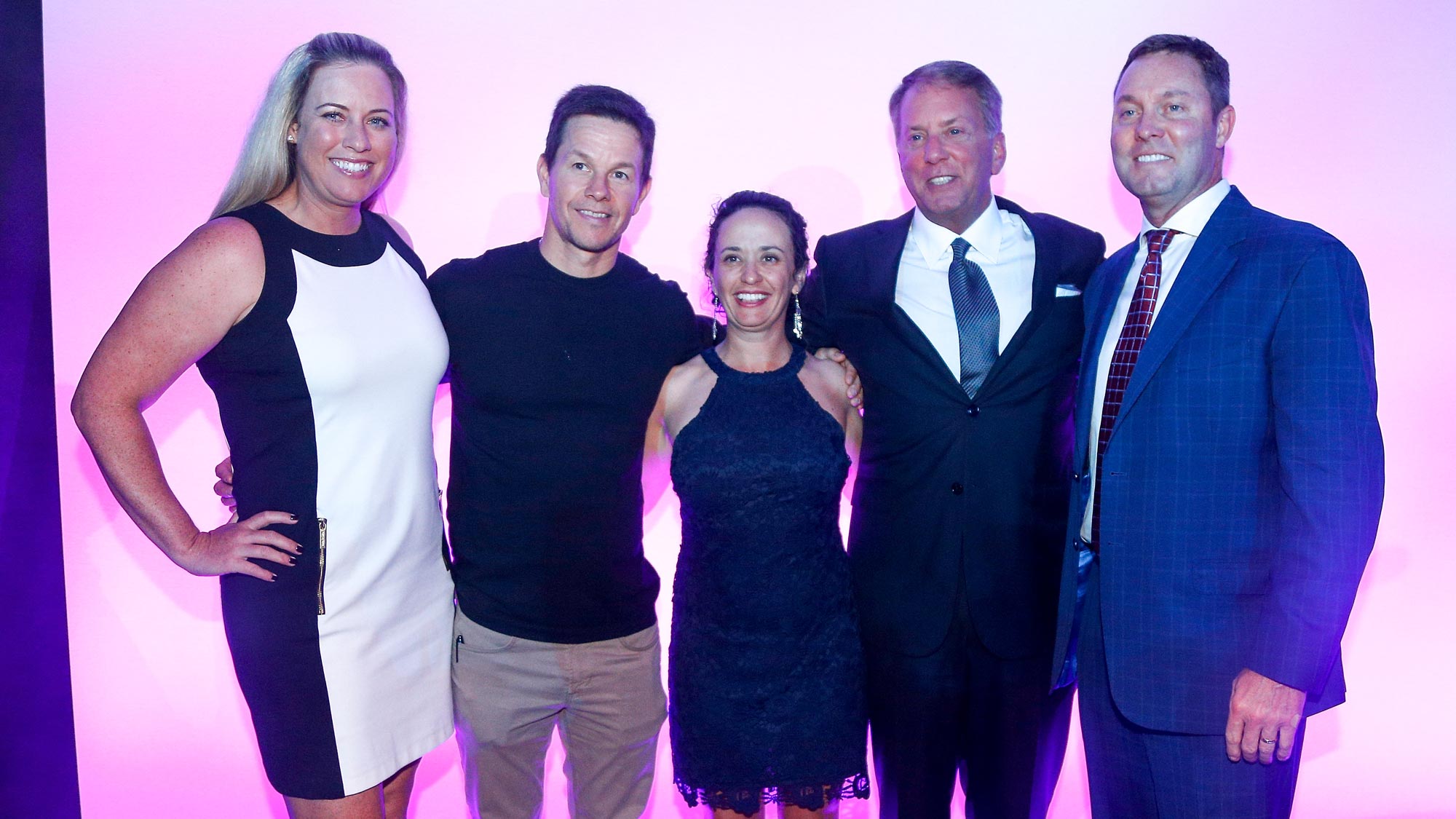 (left to right) LPGA golfer Brittany Lincicome, Actor Mark Wahlberg, LPGA golfer Mo Martin, CME Group Chairman and CEO Terry Duffy and LPGA commissioner Michael Whan pose for a photo after changes for the 2019 LPGA CME Group Tour Championship were announced at the Ritz Carlton Hotel 