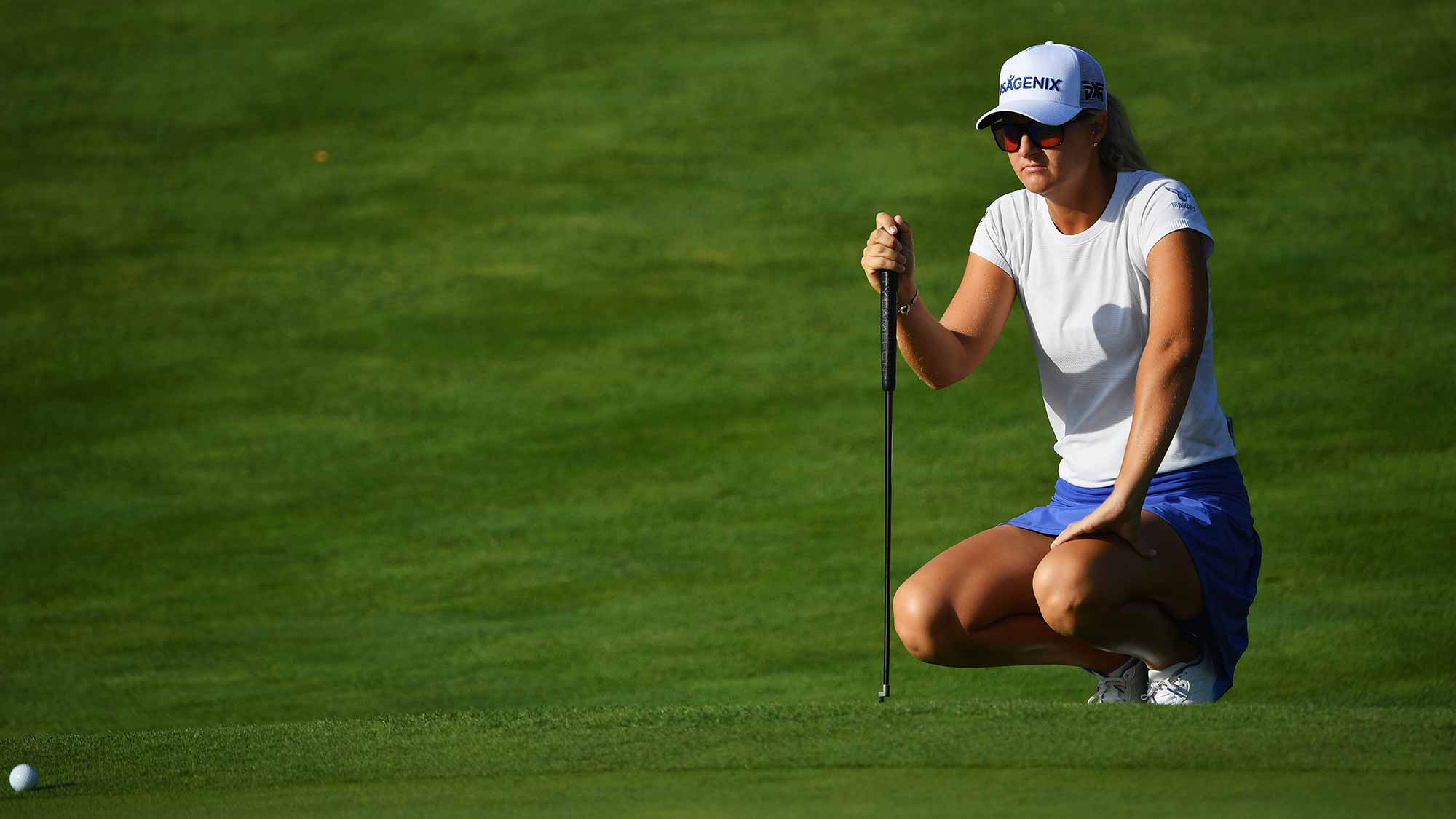 Anna Nordqvist of Sweden lines up a putt during day one of the Evian Championship at Evian Resort Golf Club on September 13, 2018 in Evian-les-Bains, France