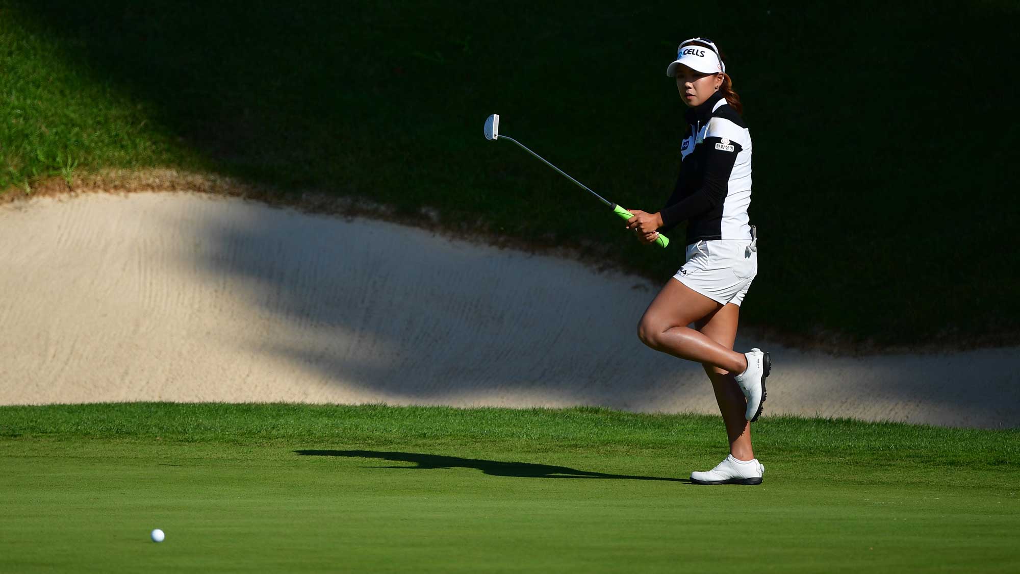 Jenny Shin of Korea reacts to a putt during the third round of The Evian Championship