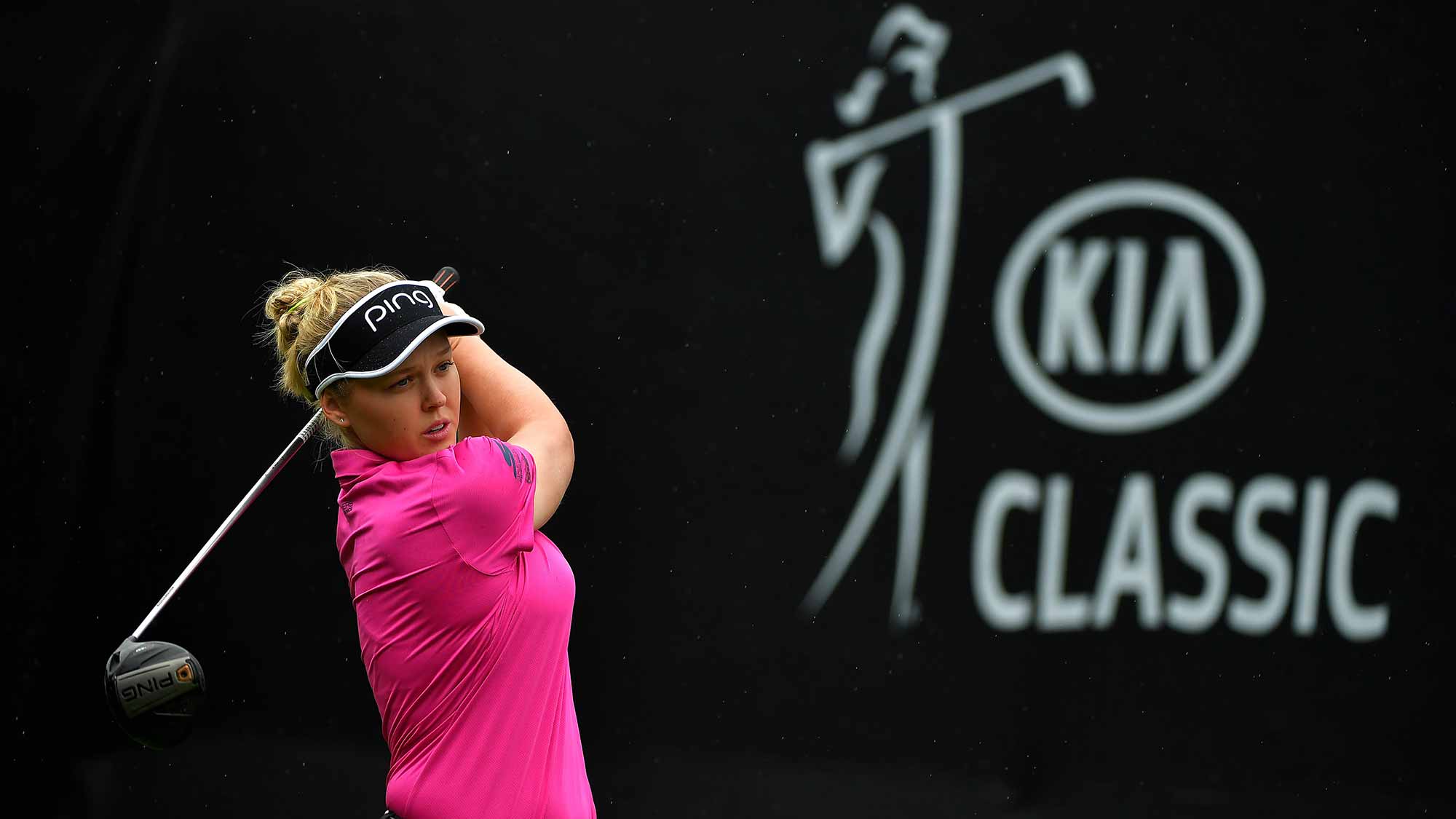 Brooke Henderson of Canada tees off the first hole during Round One of the LPGA KIA CLASSIC at the Park Hyatt Aviara golf course on March 22, 2018 in Carlsbad, California.