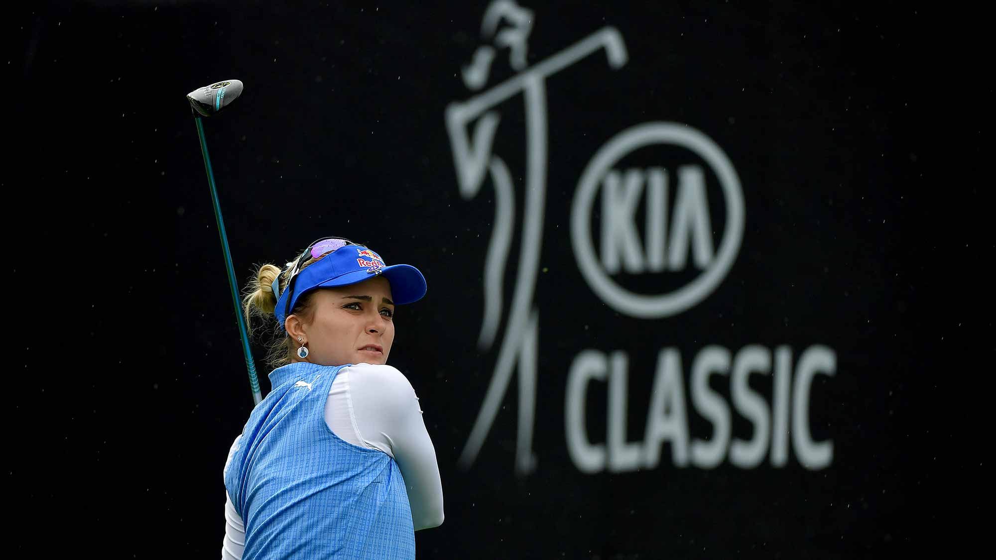 Lexi Thompson tees off the first hole during Round One of the LPGA KIA CLASSIC at the Park Hyatt Aviara golf course on March 22, 2018 in Carlsbad, California. 