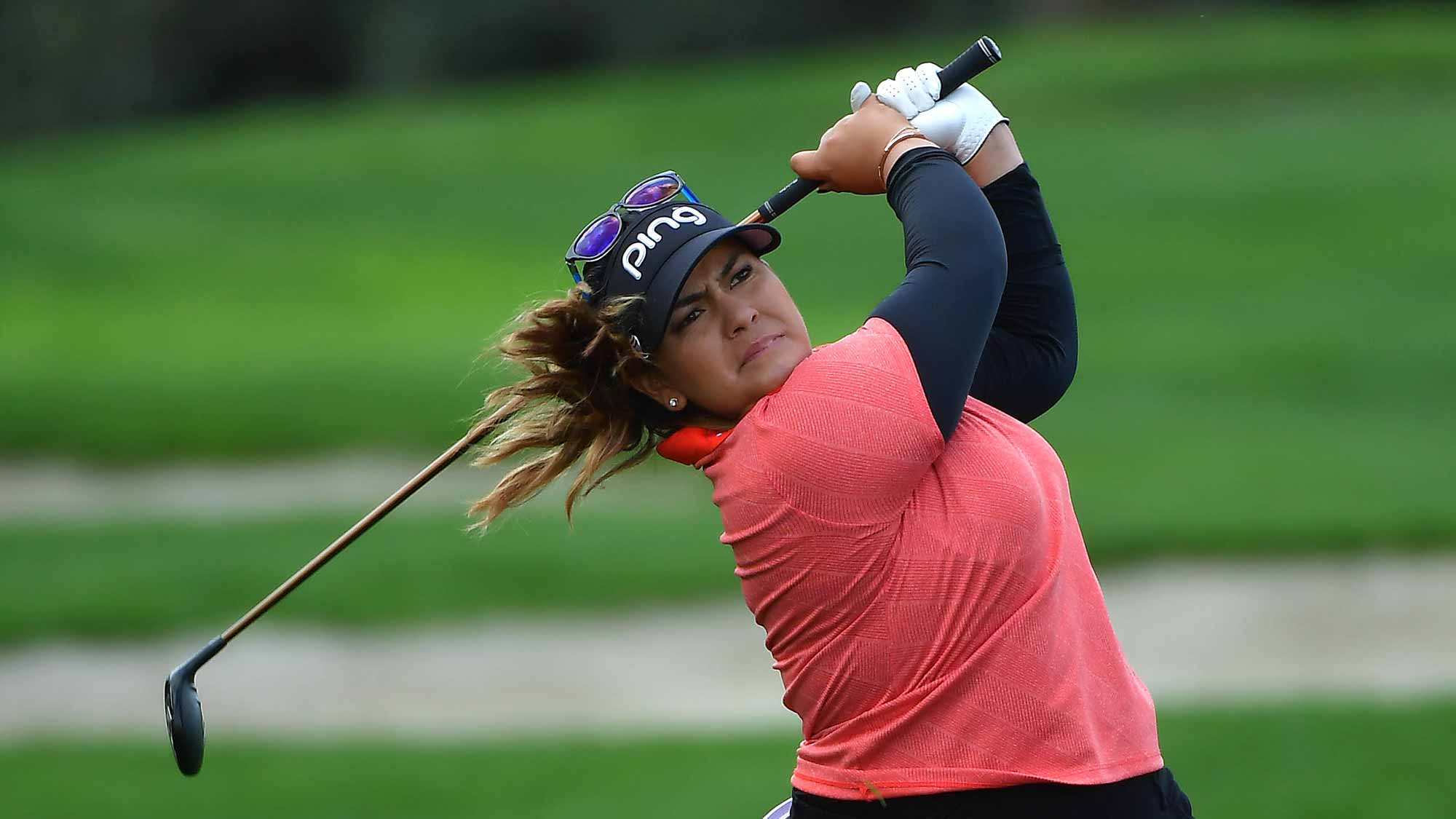 Lizette Salas hits out of the rough on the 10th fairway during Round Two of the LPGA KIA CLASSIC at the Park Hyatt Aviara golf course on March 23, 2018 in Carlsbad, California
