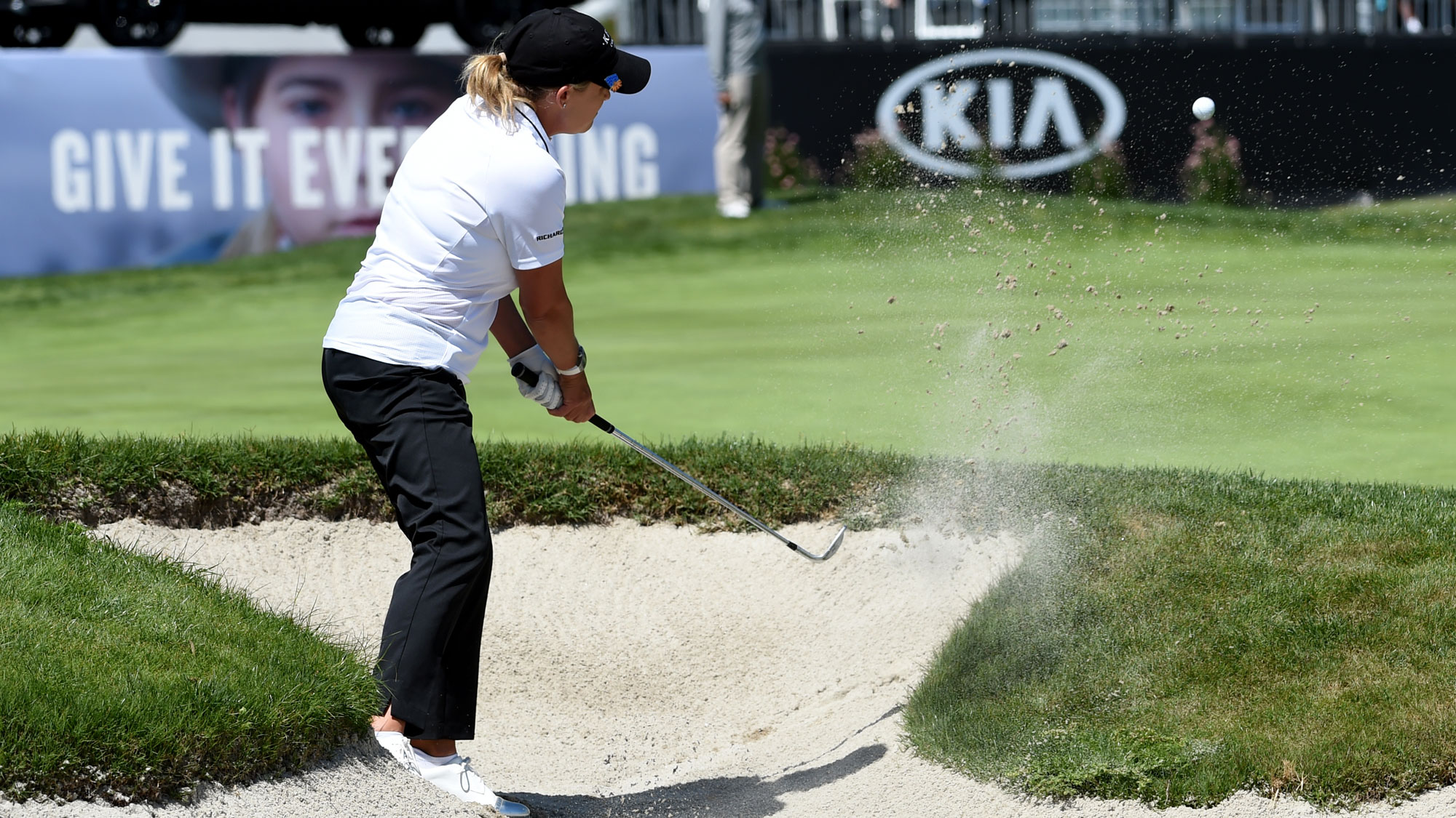 Cristie Kerr hits out of a bunker on the 18th hole during the third round of the Kia Classic