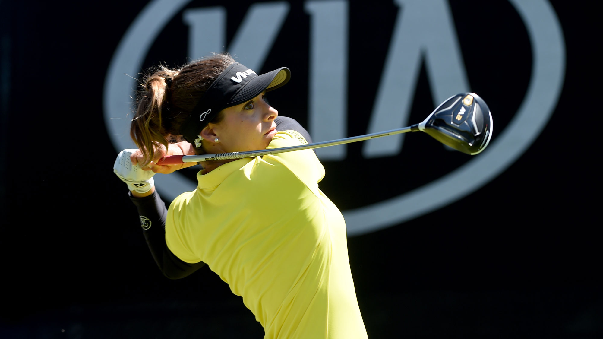 Gaby Lopez of Mexico hits her tee shot on the first hole during the third round of the Kia Classic