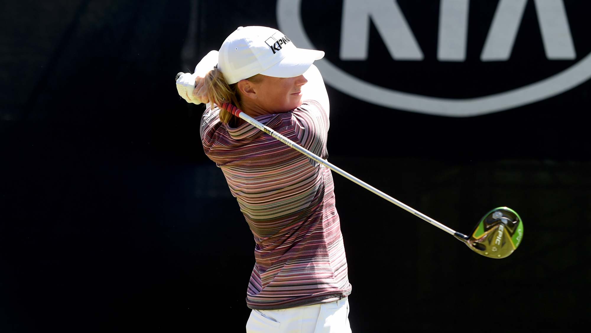Stacy Lewis hits her tee shot on the first hole during the final round of the Kia Classic