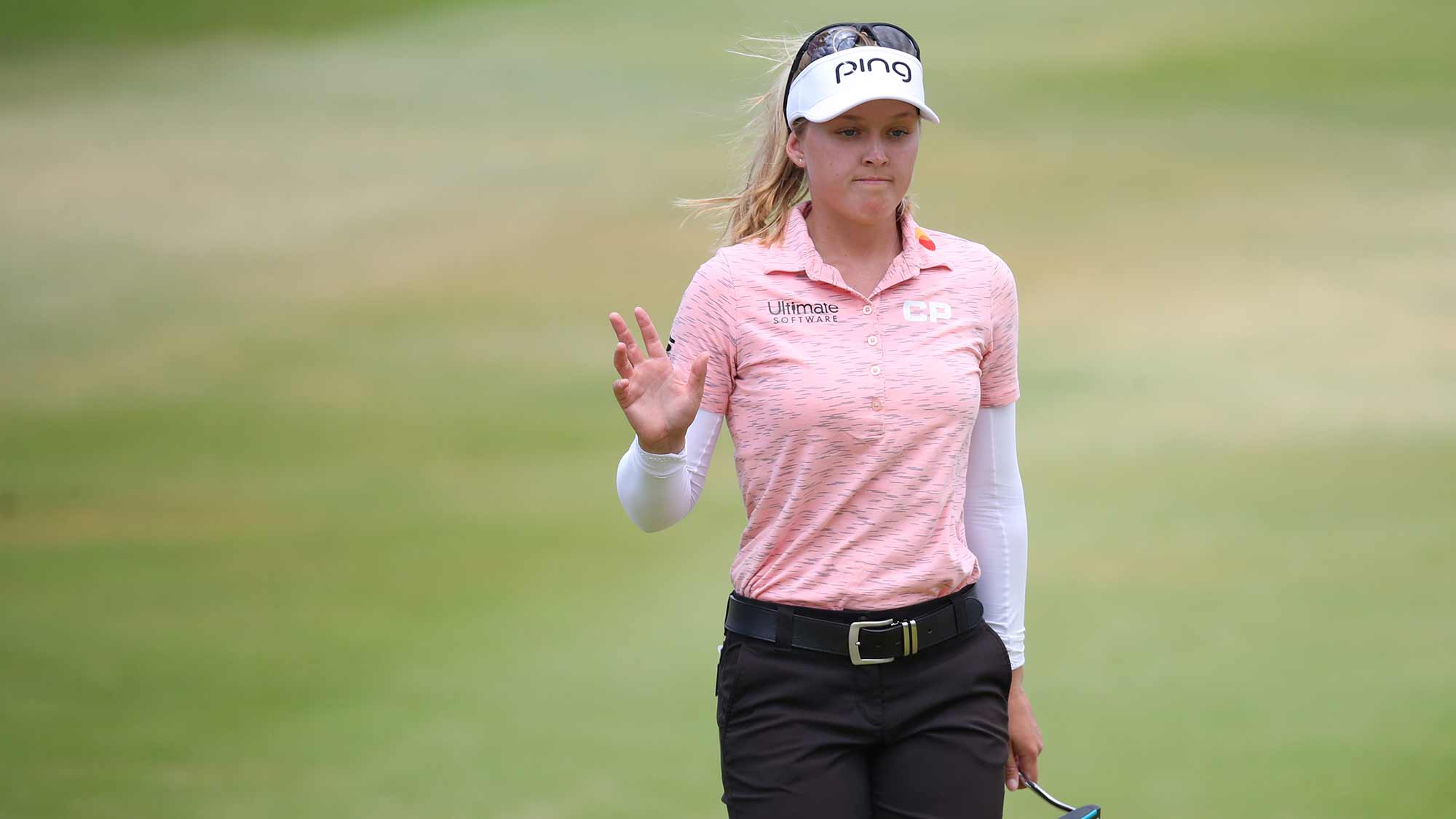 Brooke Henderson of Canada waves to fans after her eagle putt on the fifth green during the final round of the LOTTE Championship at Ko Olina Golf Club on April 21, 2019 in Kapolei, Hawaii