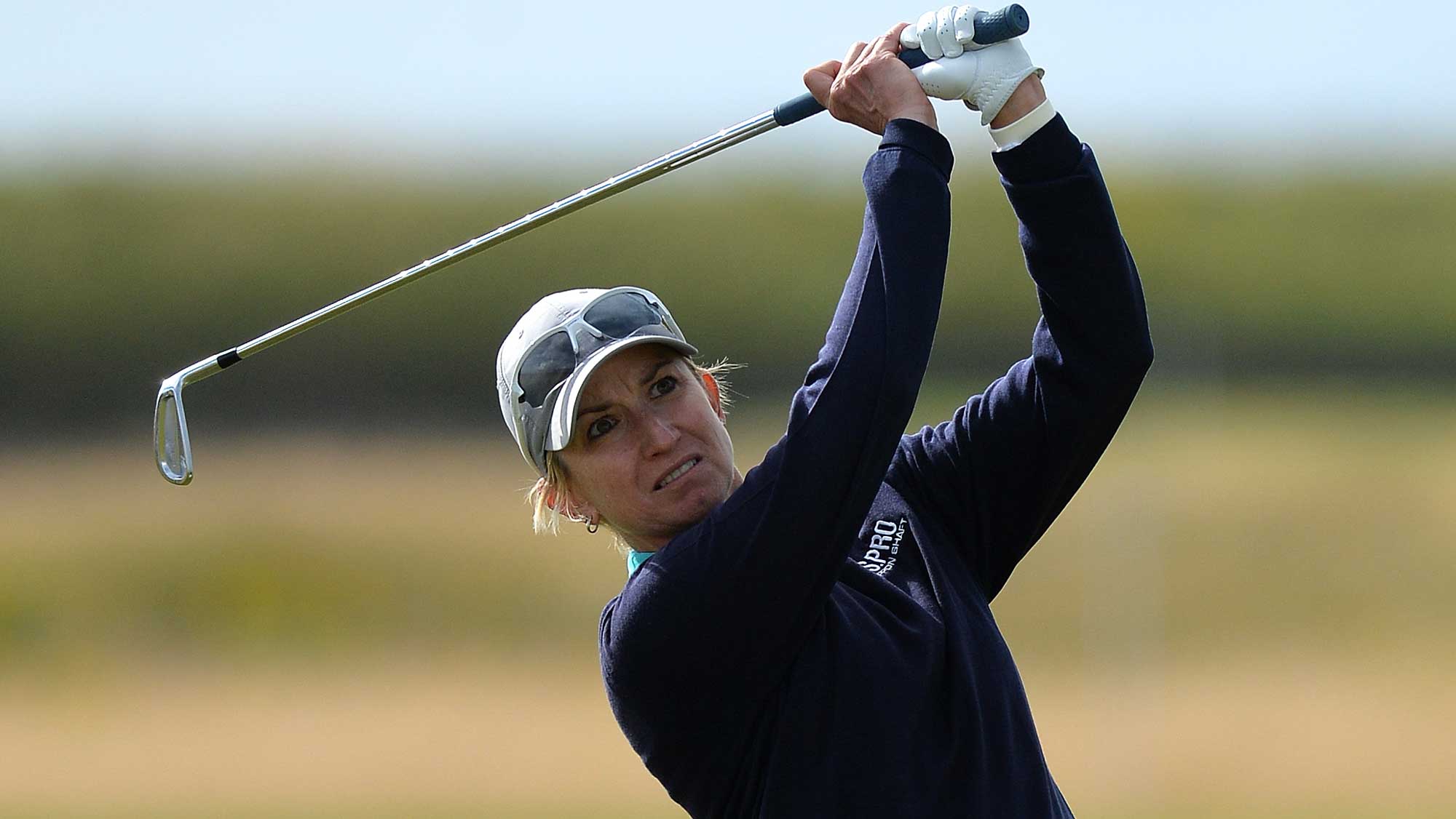 Karrie Webb of Australia plays her second shot at the 17th hole during the first day of the Aberdeen Asset Management Ladies Scottish Open 