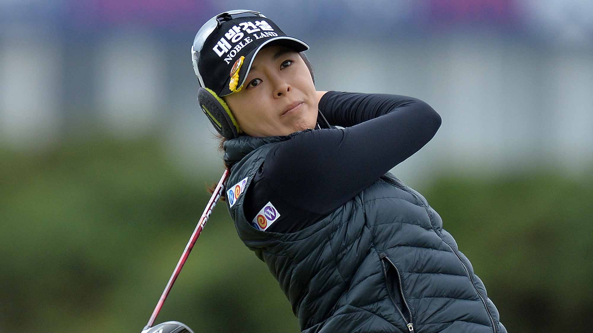 Mi Jung Hur of Korea plays her tee shot to the 1st hole during the final day of the Aberdeen Asset Management Ladies Scottish Open at Dundonald Links Golf Course