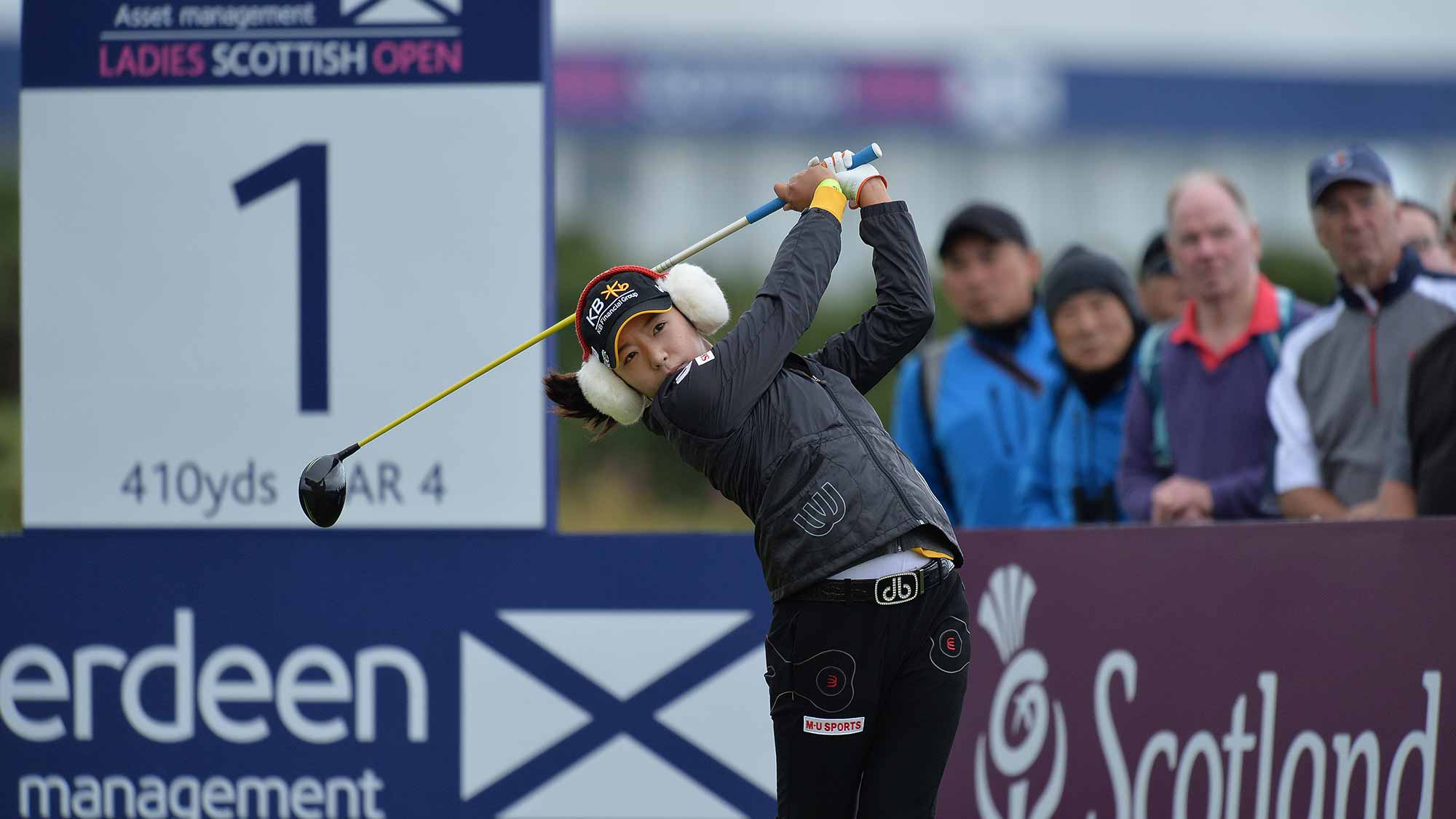 Mi Hyang Lee of Korea plays her tee shot to the 1st hole during the final day of the Aberdeen Asset Management Ladies Scottish Open at Dundonald Links Golf Course
