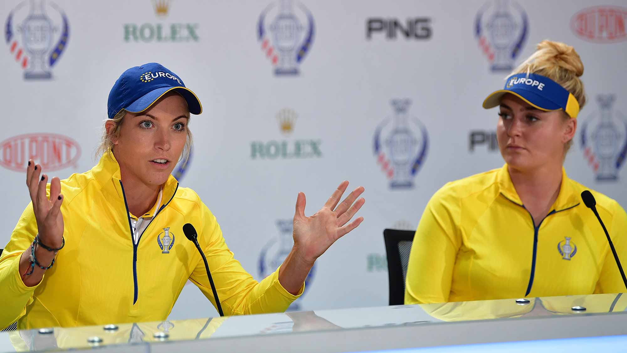  Mel Reid and Charley Hull of Team Europe talk to the media during a press conference for The Solheim Cup at the Des Moines Country Club 