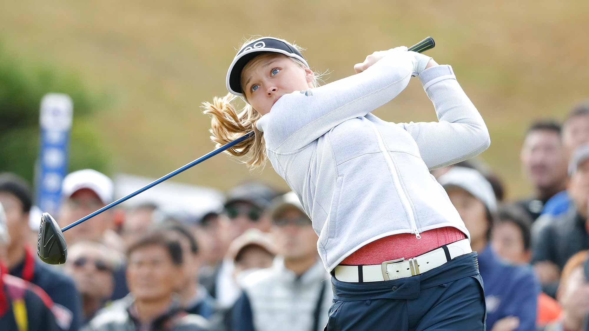 Brooke M. Henderson of Canada hits a tee shot on the first hole during the first round of the TOTO Japan Classic at Seta Golf Course on November 02, 2018 in Otsu, Shiga, Japan