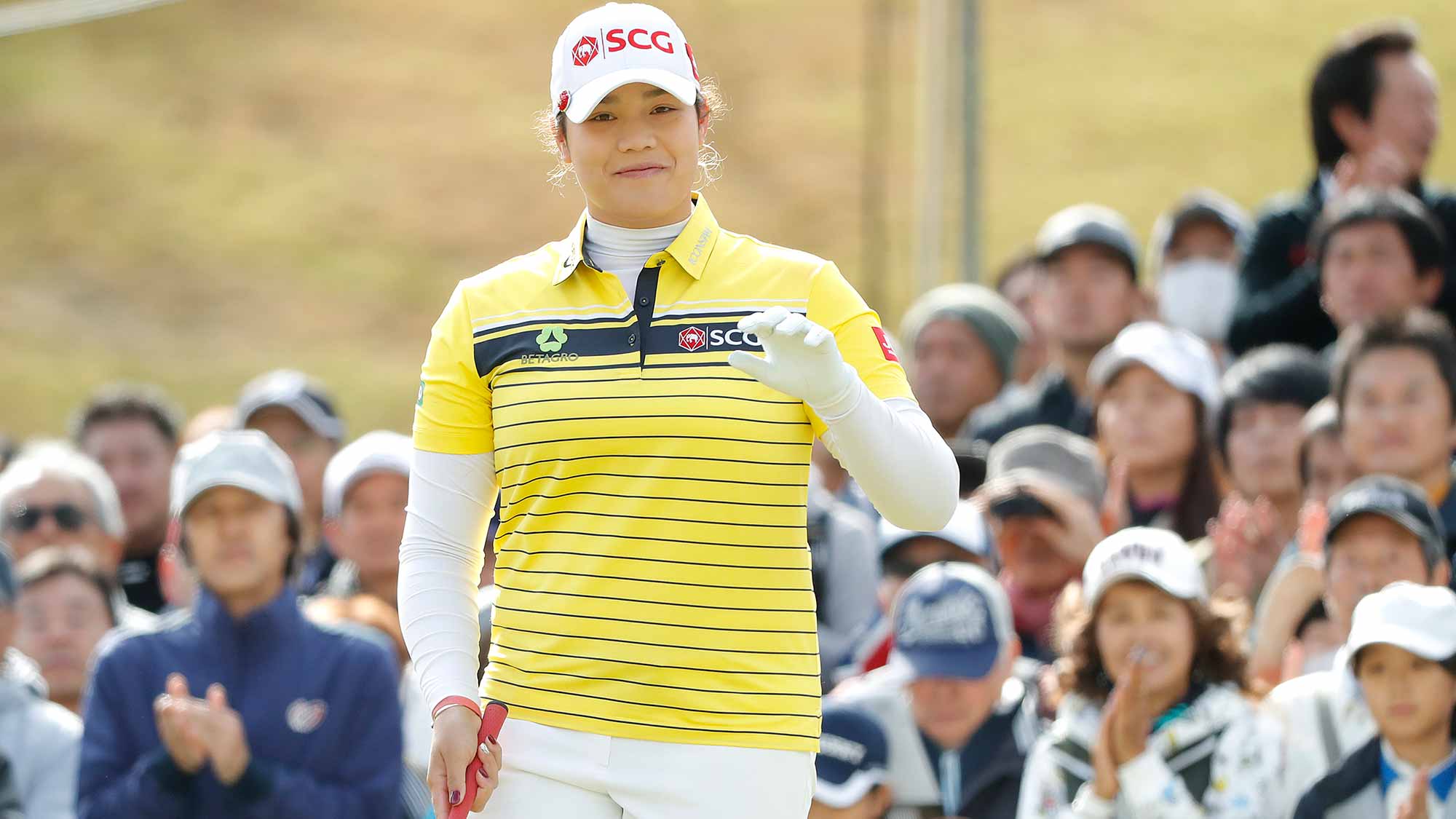 Ariya Jutanugarn of Thailand prepares to tee off on the first hole during the first round of the TOTO Japan Classic at Seta Golf Course on November 02, 2018 in Otsu, Shiga, Japan